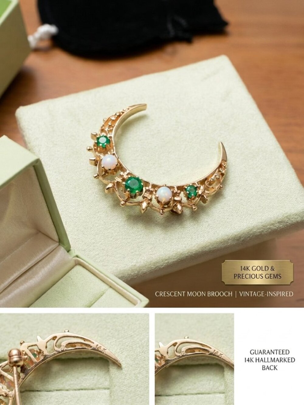 14K Solid Gold Crescent Moon Brooch Vintage Emerald Opal Filigree Celestial Pin